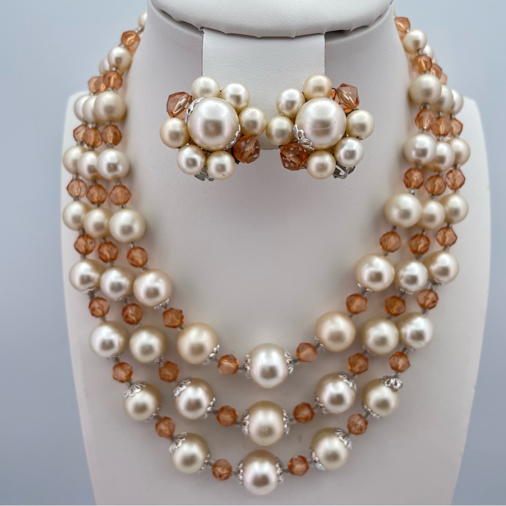 Vintage JAPAN Pearl & Champagne Crystal Beaded Necklace Earring Set